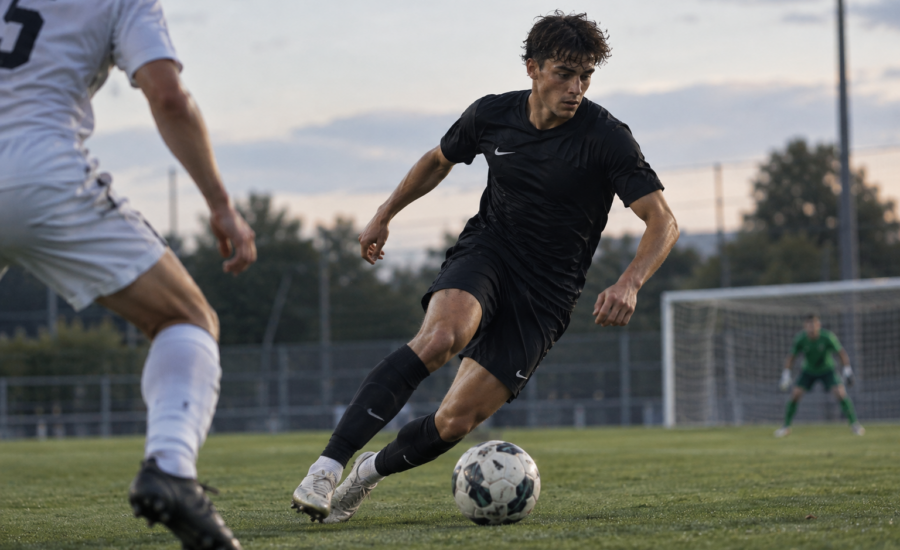 Football player dribbling in a match, showing the performances needed to get a football agent
