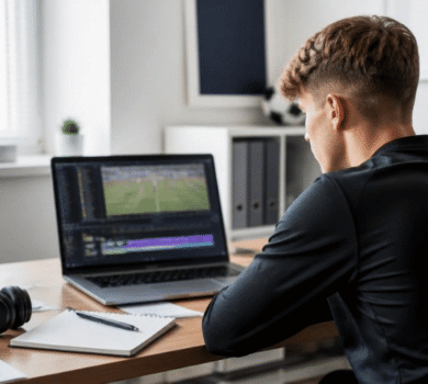 Football player reviewing match footage on a laptop to create a football highlight video