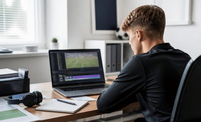 Football player reviewing match footage on a laptop to create a football highlight video
