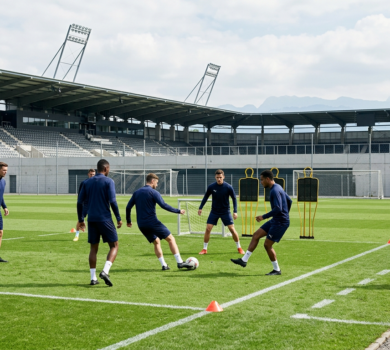 Football pitch with Swiss Alps in the background at sunset – play football in Switzerland