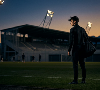 Young football player arriving at the training ground of a new club, playing football abroad