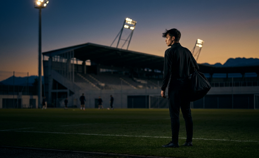 Young football player arriving at the training ground of a new club, playing football abroad