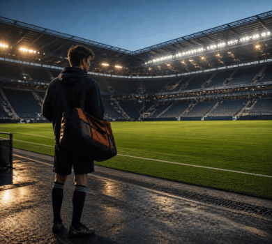 Young South American footballer with a suitcase at a European training ground – south american players in europe