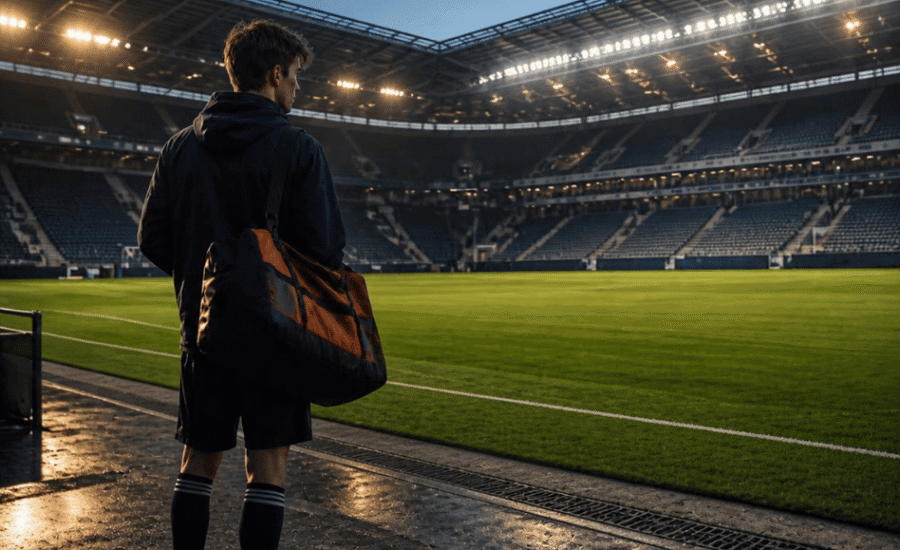 Young South American footballer with a suitcase at a European training ground – south american players in europe