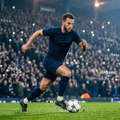 Professional football player sprinting with the ball under floodlights in a packed stadium during a European night match