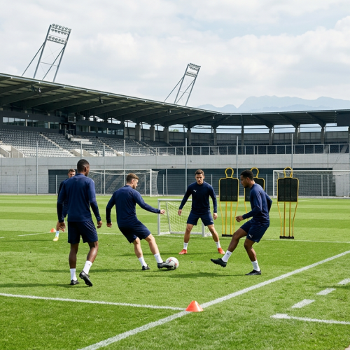 Fussballplatz mit Schweizer Alpen im Hintergrund, Spielerberater Schweiz
