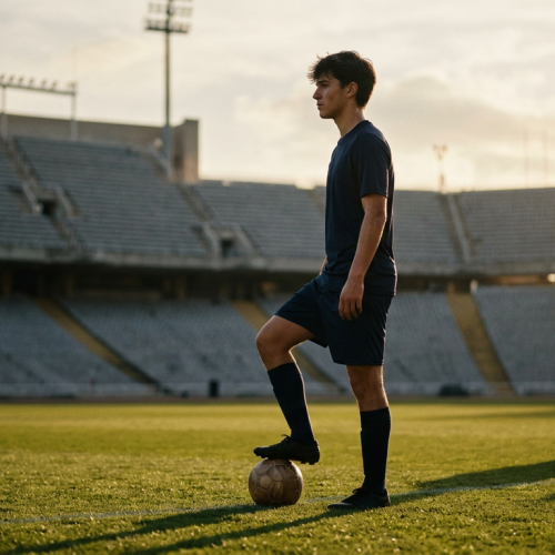 Young football player on a training pitch at sunset, supported by his family on the way to a professional career
